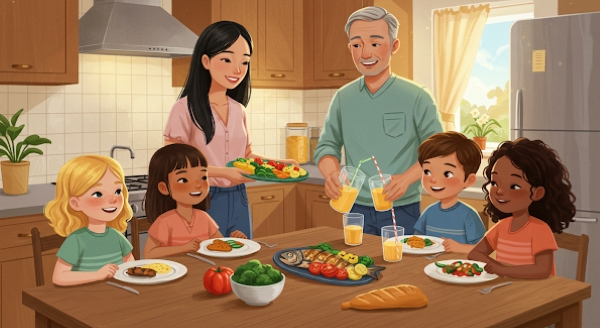 건강한 식사를 함께 나누는 가족의 모습